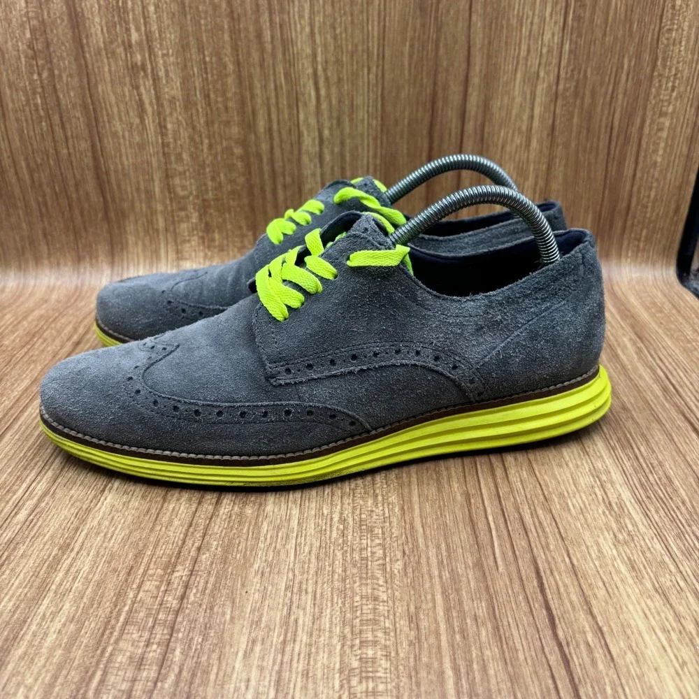 Cole Haan Lunargrand‎  Wingtip Oxford Grey Neon Yellow Men's 9.5M Suede Shoes